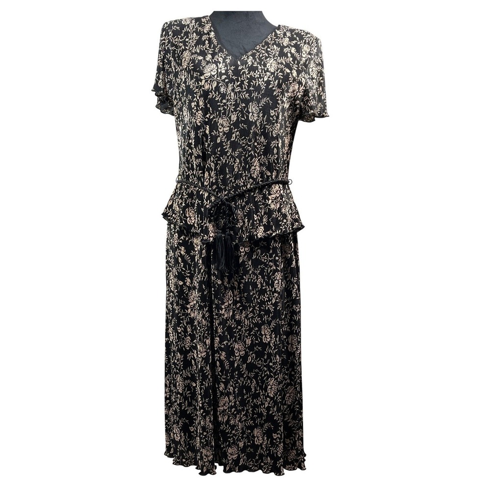 Connected Apparel Floral Micro Pleated Peplum Maxi Dress Black 12 vtg church